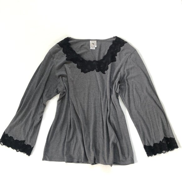 Natori Gray Black Lace Long Sleeve Whimsigoth Top XL - Picture 1 of 8